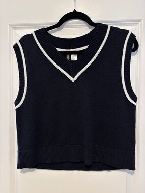 Divided Navy V-Neck Knit Vest with White Trim